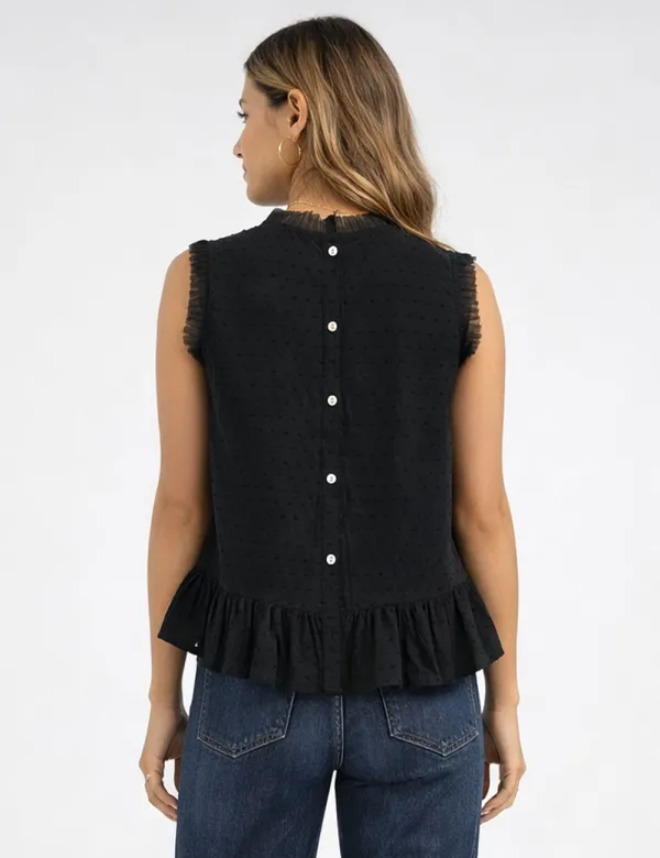 Chic Swiss Dot Ruffle Round Neck Sleeveless Top