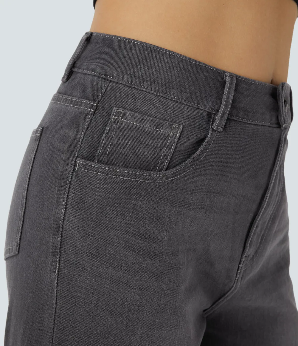 Magic High Waisted Multiple Pockets Rolled Hem Wide Leg Washed Stretchy Knit Casual Jeans