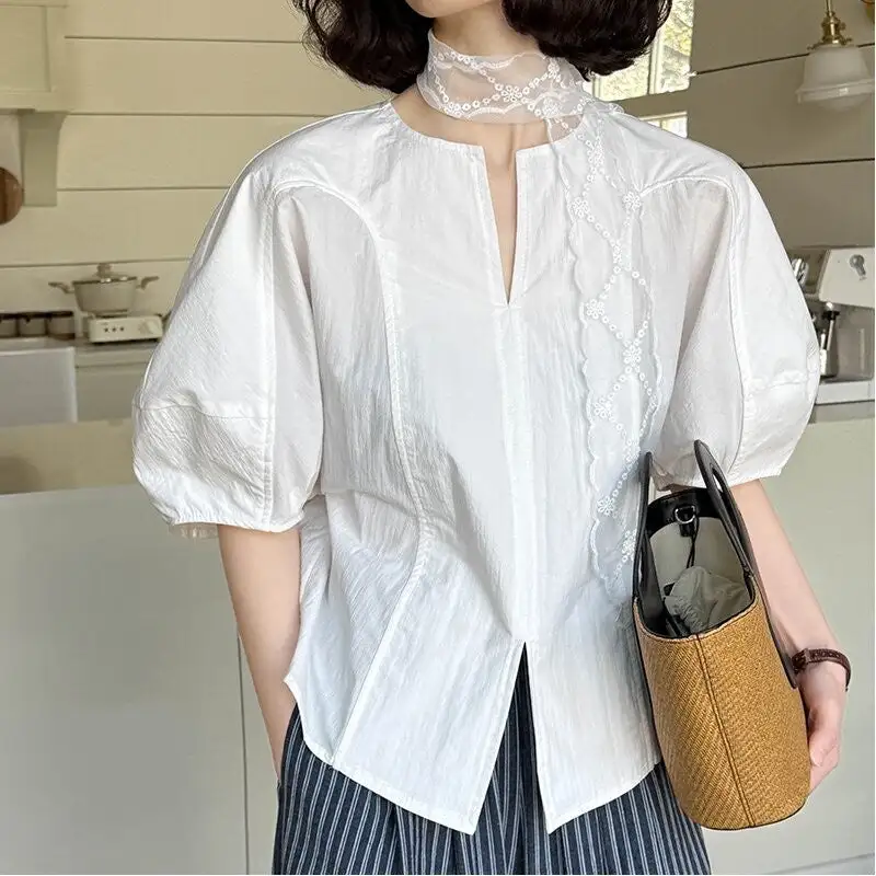 Polished V Neck Lace Bow Loose Shirt