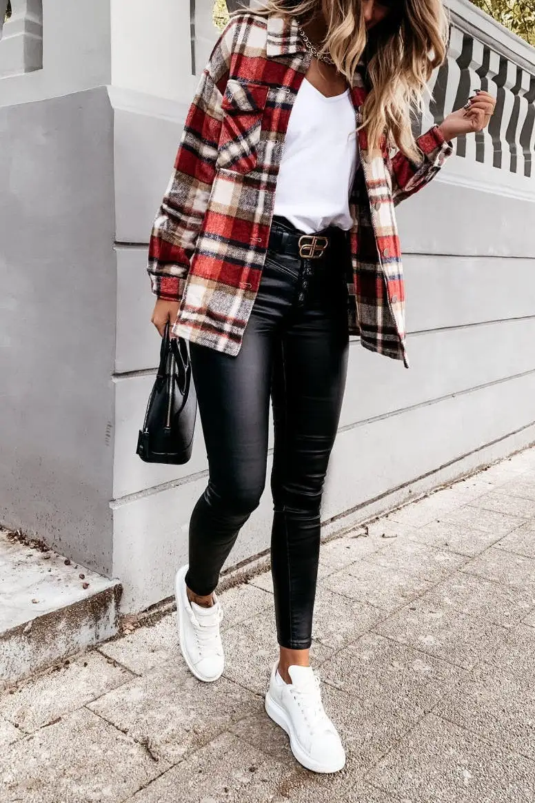 Casual Lapel  Button Plaid Pocket Coat