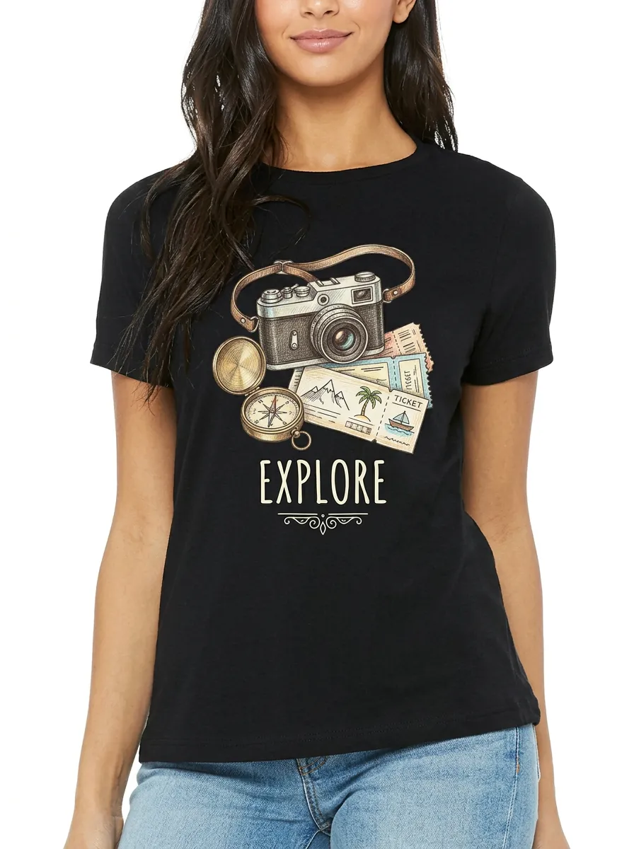 Women's Travel-Inspired Camera Compass Ticket Printed T-Shirt