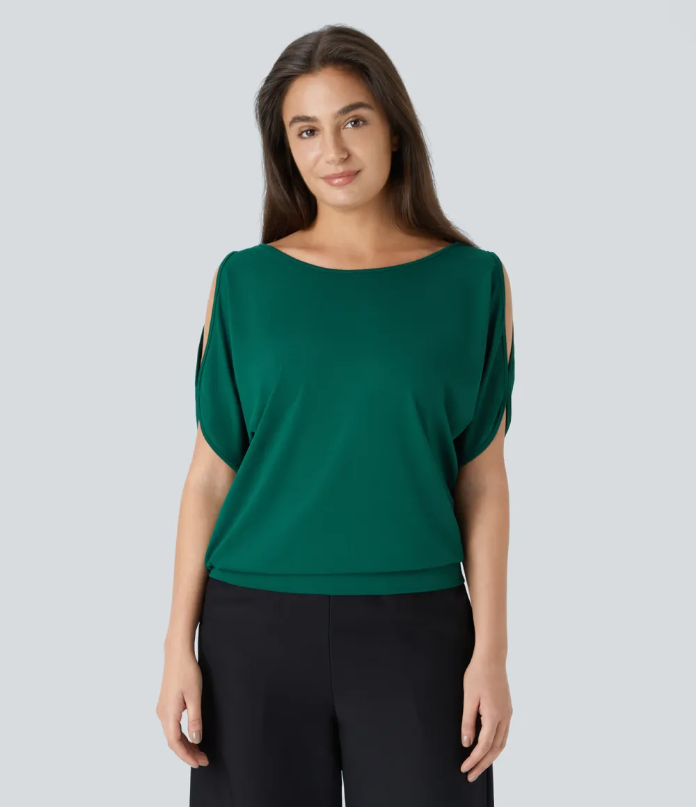 Boat Neck Short Sleeve Cut Out Casual T-Shirt