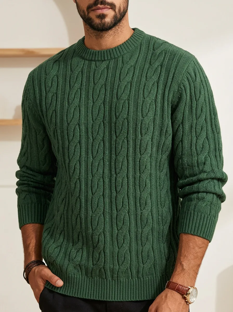 Men’s Ribbed Cable-Knit Crewneck Easygoing Sweater