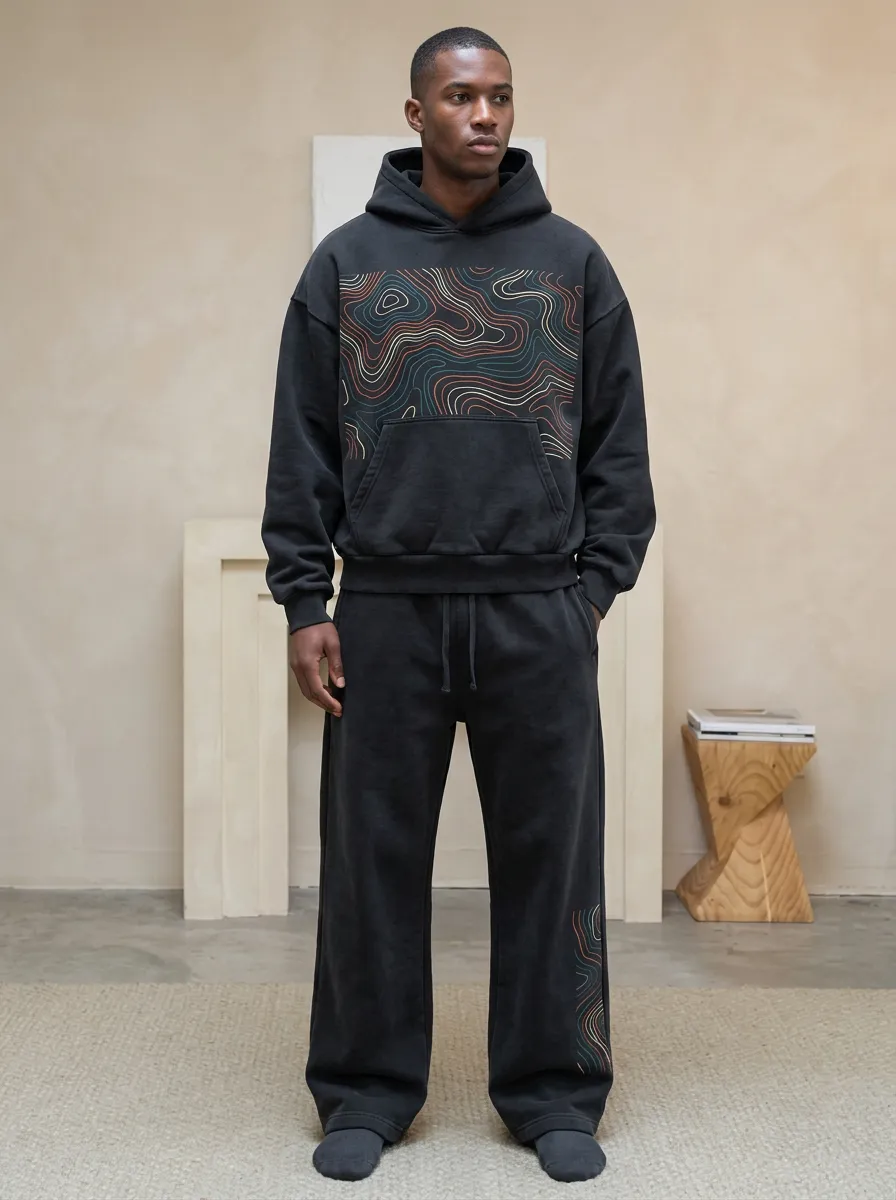 Men's Abstract Topographic Line Printed Hoodie Sweatpants Set