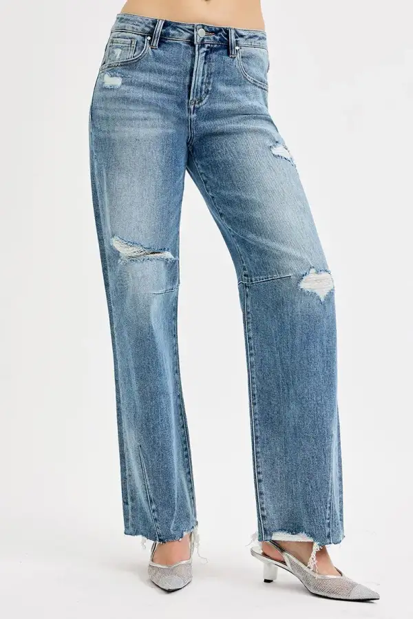 Mid Rise Wide Leg Washed Denim Jeans