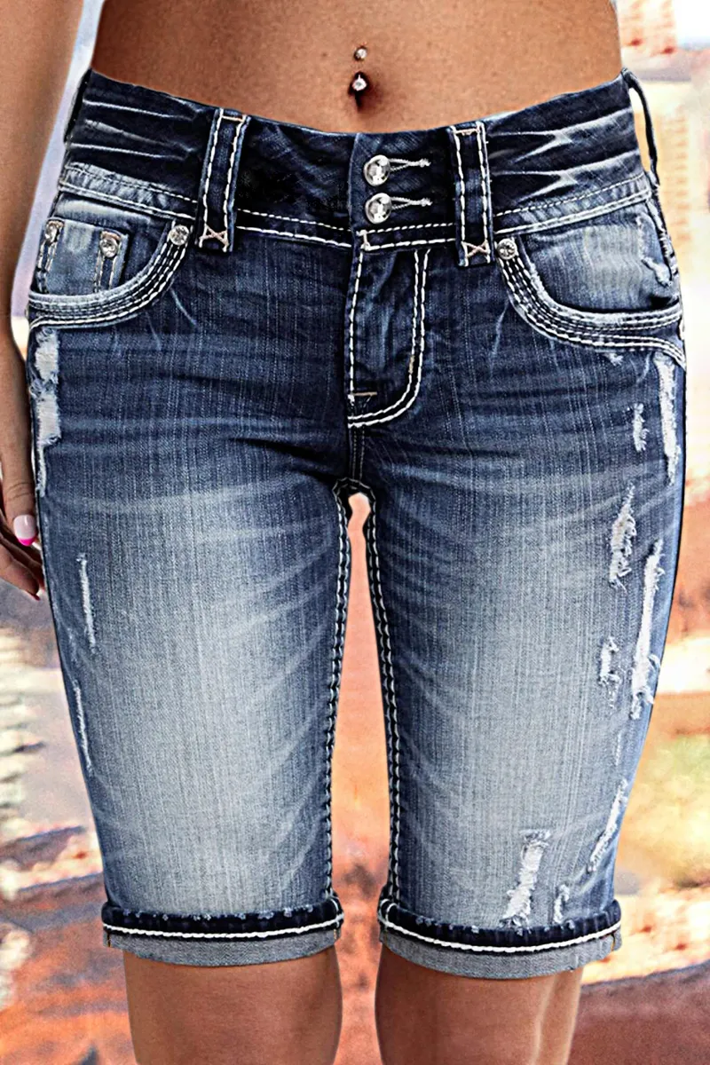 Double Button Ripped Mid Rise Denim Bermuda Shorts