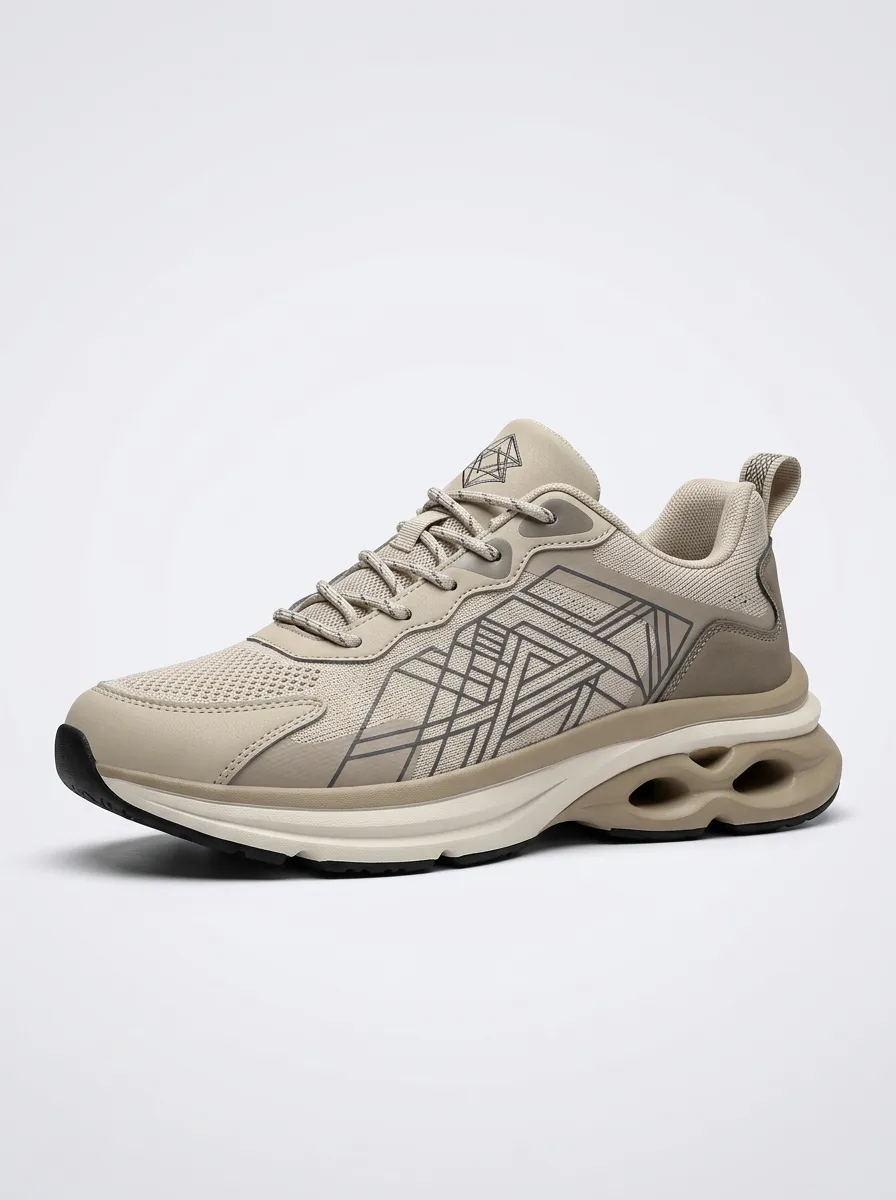 Men's Beige Geometric Pattern Athletic Sneakers
