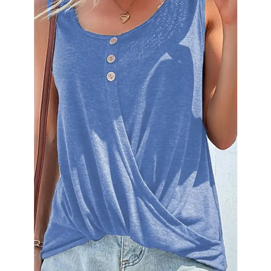 Full Size Decorative Button Round Neck Tank