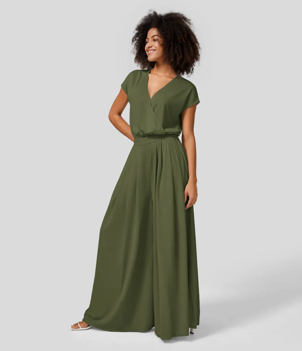 V Neck Short Sleeve Plicated Side Pocket Wide Leg Flowy Waffle Casual Jumpsuit
