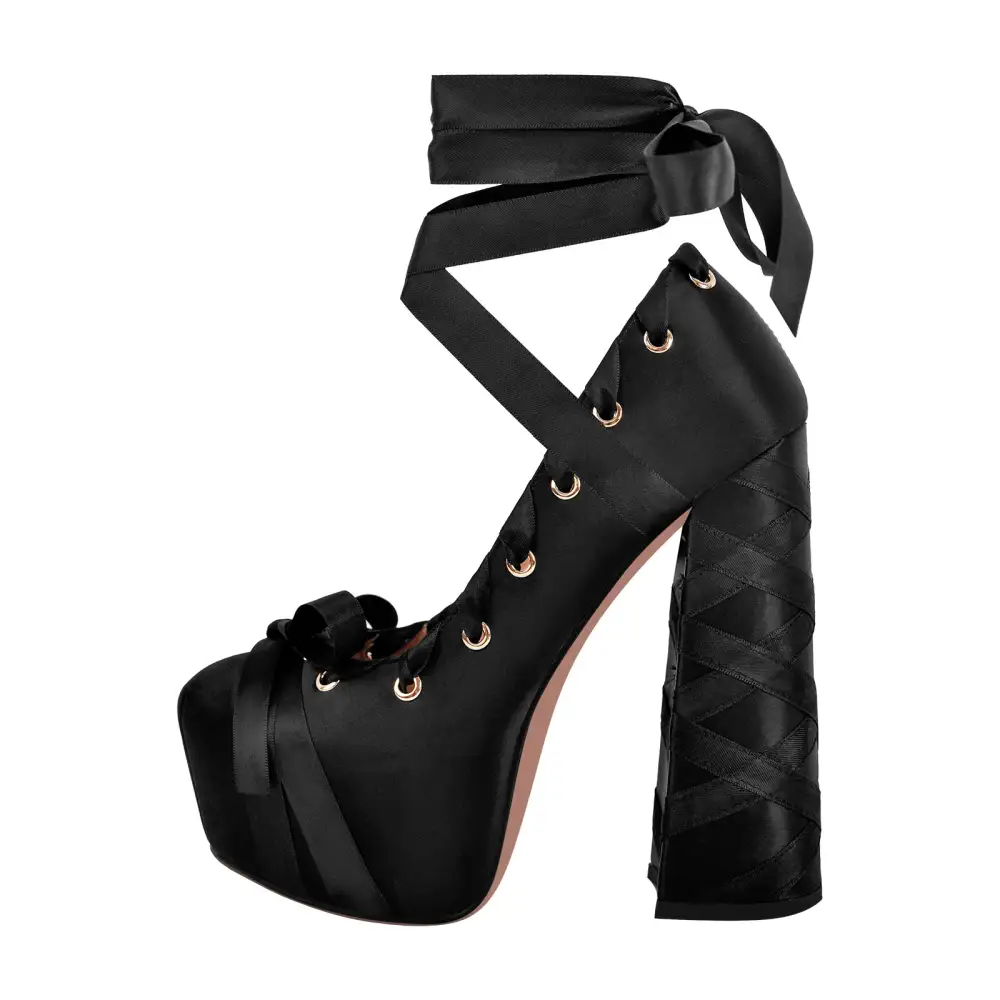 Bow Accent Pointed Toe Platform Chunky Heel Lace Up Pumps