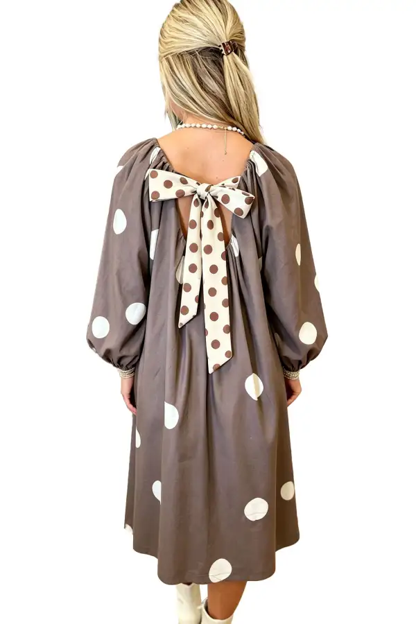 Women's Polka Dot Long Sleeve Bow Detail Midi Dress