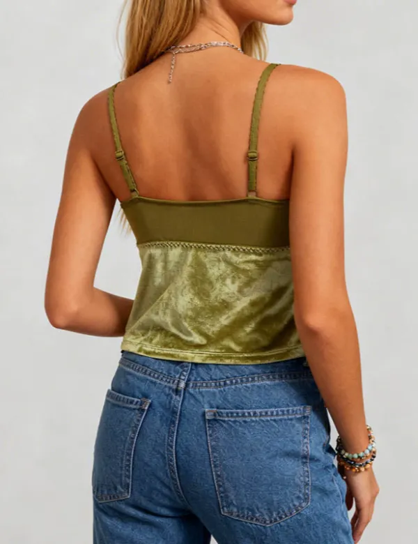 Eleglant Velet V Neck Lace Trim Cami Top
