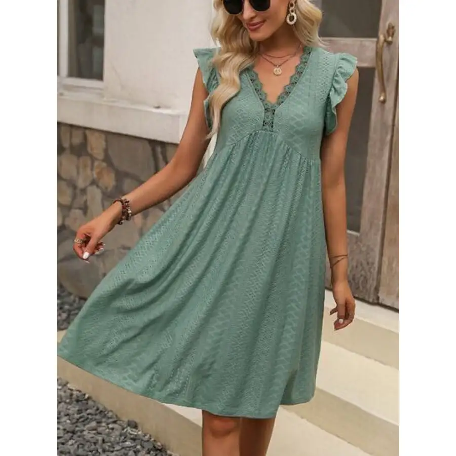 Lace Detail Ruffled V-Neck Mini Dress