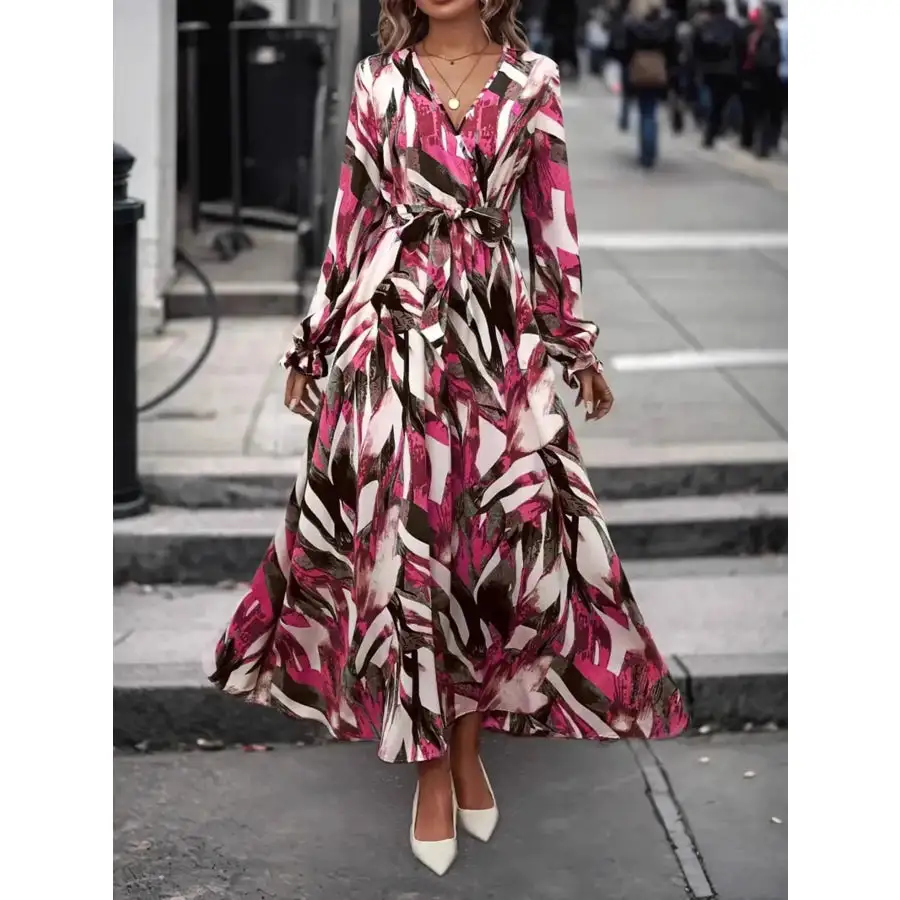 Printed Surplice Long Sleeve Maxi Dress