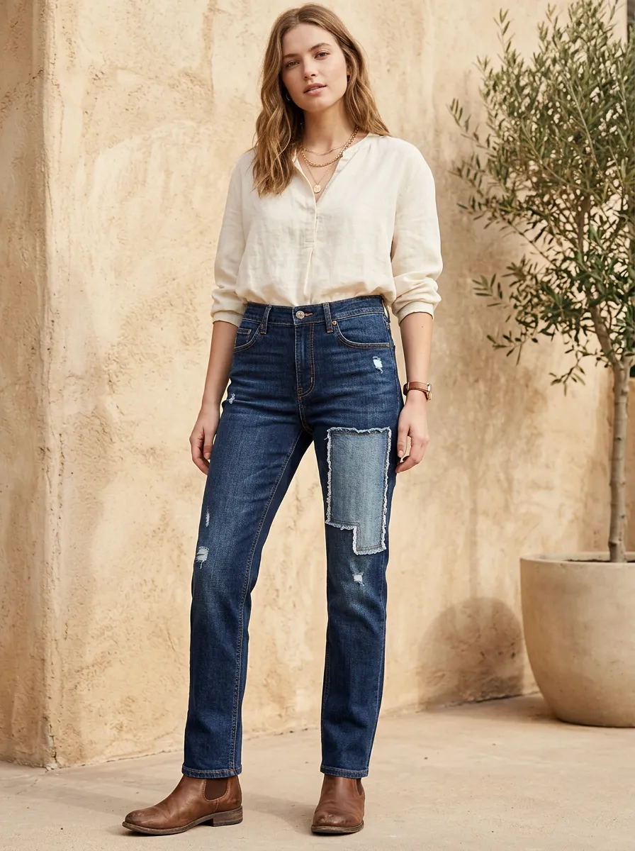 Women's Casual Fashion Distressed Patchwork Denim Jeans