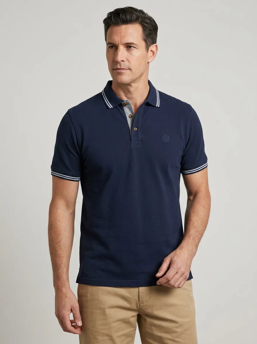 Men's Navy Blue Striped Collar Embroidered Accent Polo Shirt