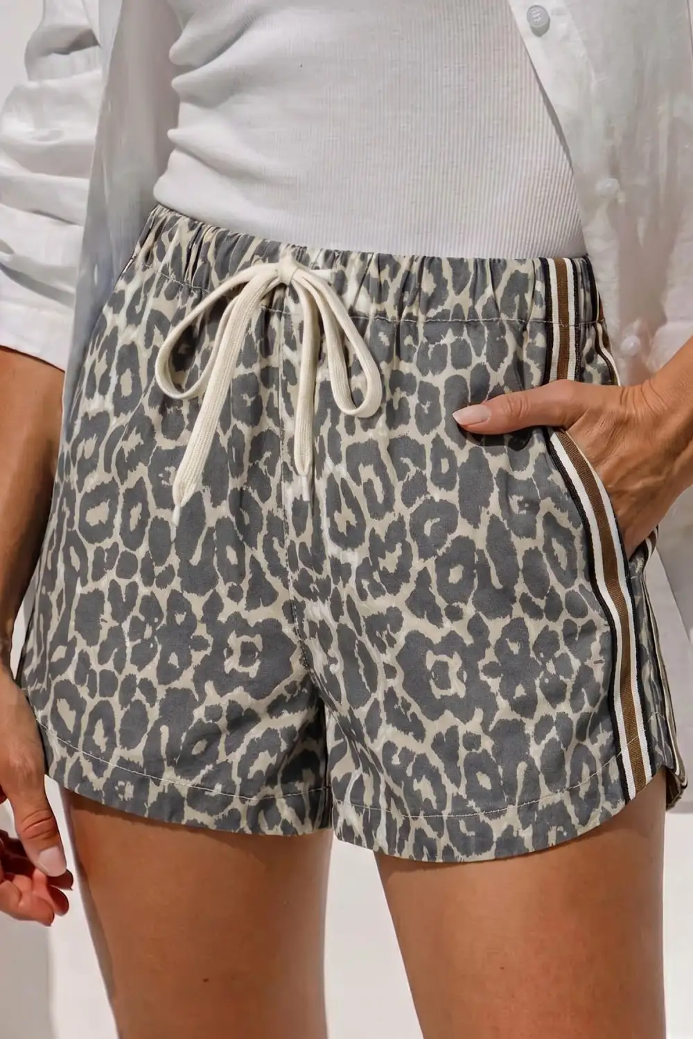 Drawstring Leopard-Print Striped Patchwork Denim Shorts