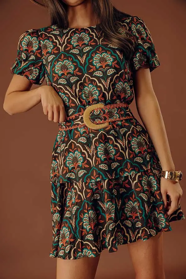 Embroidered Floral Round Neck Short Sleeve Tiered Mini Dress
