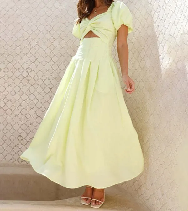 Puff Sleeve Hollow Midi Dress