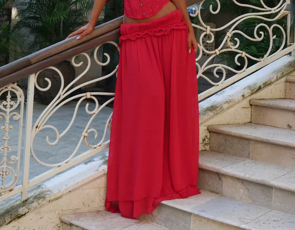 Red Lace Trim Puff Sleeve Corset Top