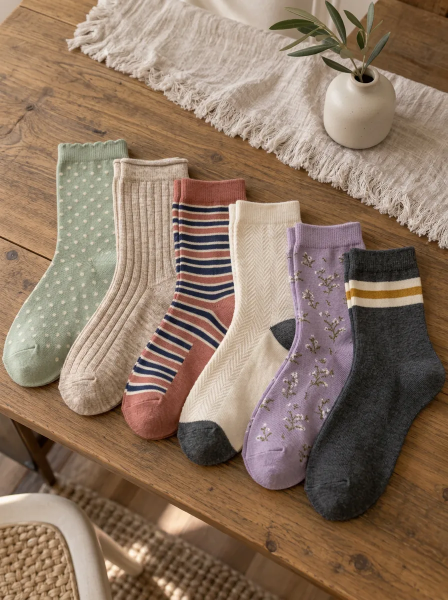 Women's Assorted Floral Polka Dot Herringbone Ribbed Striped Color-Block Vintage-Inspired 6-Pack Crew Sock Set