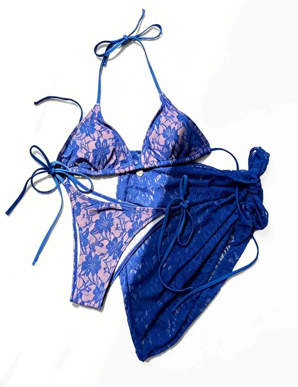 Lace Mesh Triangle Bikini Set with Sarong Set