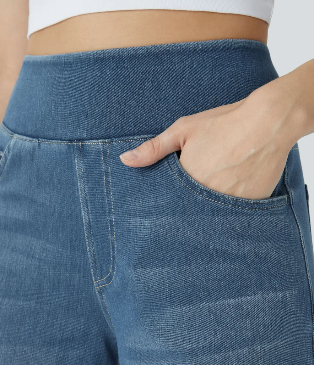 Magic High Waisted Multiple Pockets Wide Leg Washed Stretchy Knit Casual Jeans