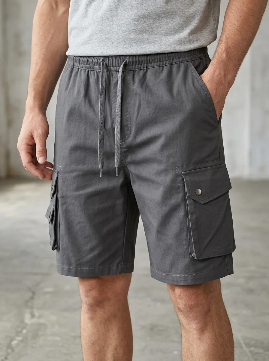 Trail-Look Multi-Pocket Drawstring Cargo Shorts