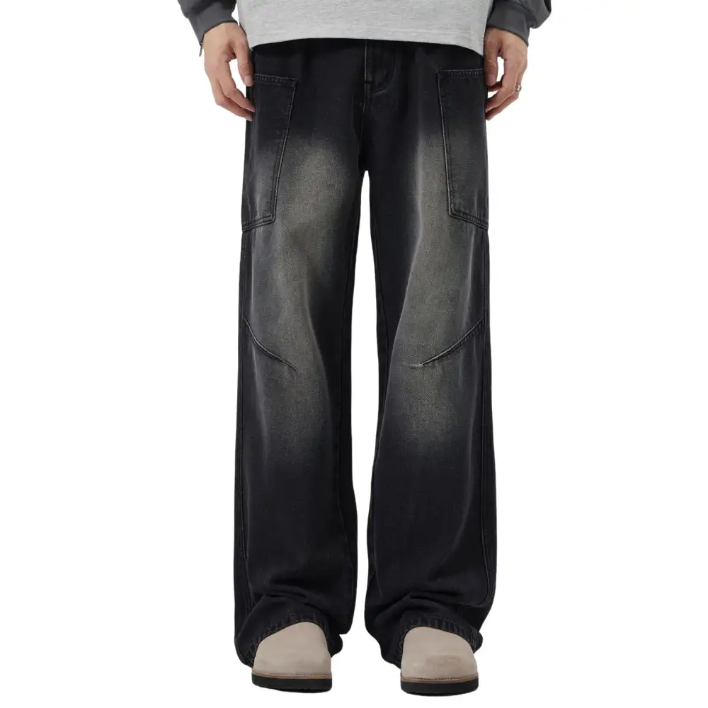 Straight Leg Cargo Washed Denim Jeans
