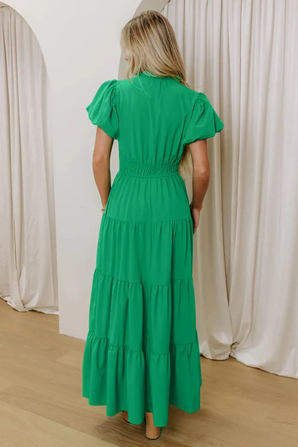 Bright Solid Color V Neck Short Puff Sleeve High