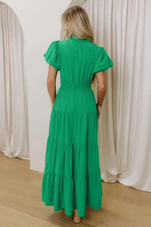 Bright Solid Color V Neck Short Puff Sleeve High
