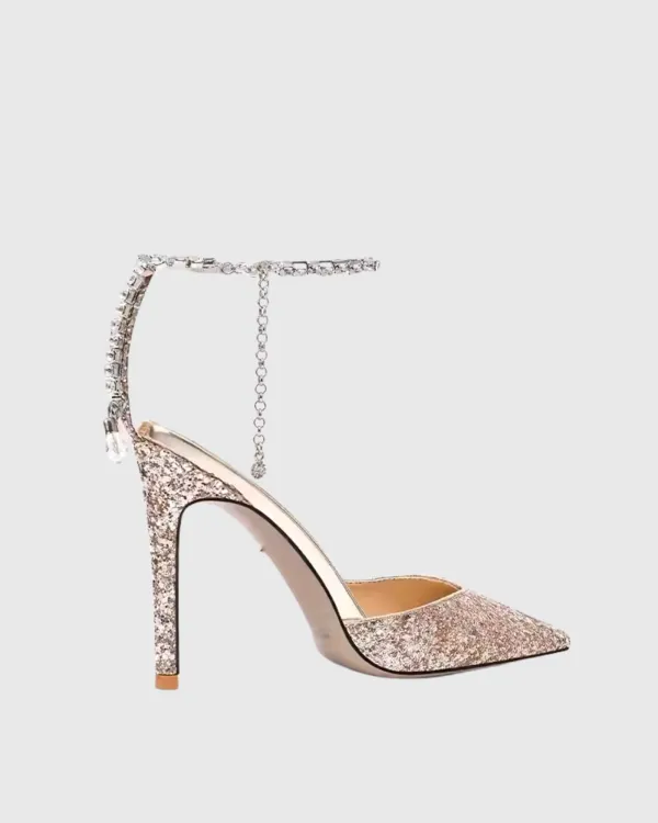 Rhinestone Strap Sequin Pumps in Gold