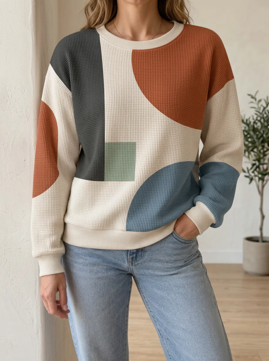 Women's Textured Abstract Geometric Pattern Waffle Knit Crewneck Sweatshirt