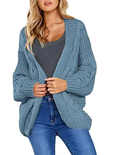 Womens Open Front Long Sleeve Chunky Knit Cardigan Sweaters Loose Outwear Coat