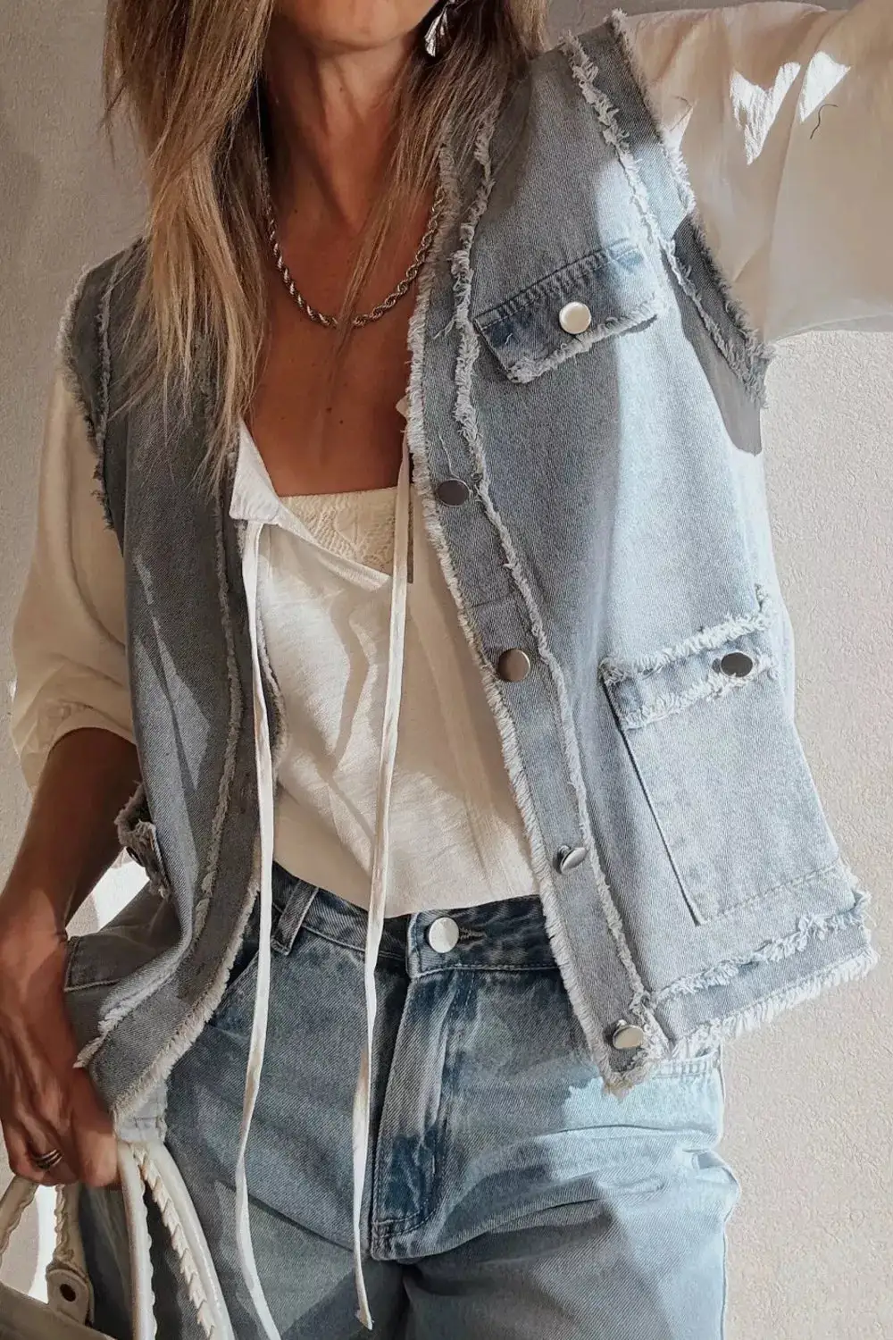 Frayed Edge Flap Pockets Vest Jacket