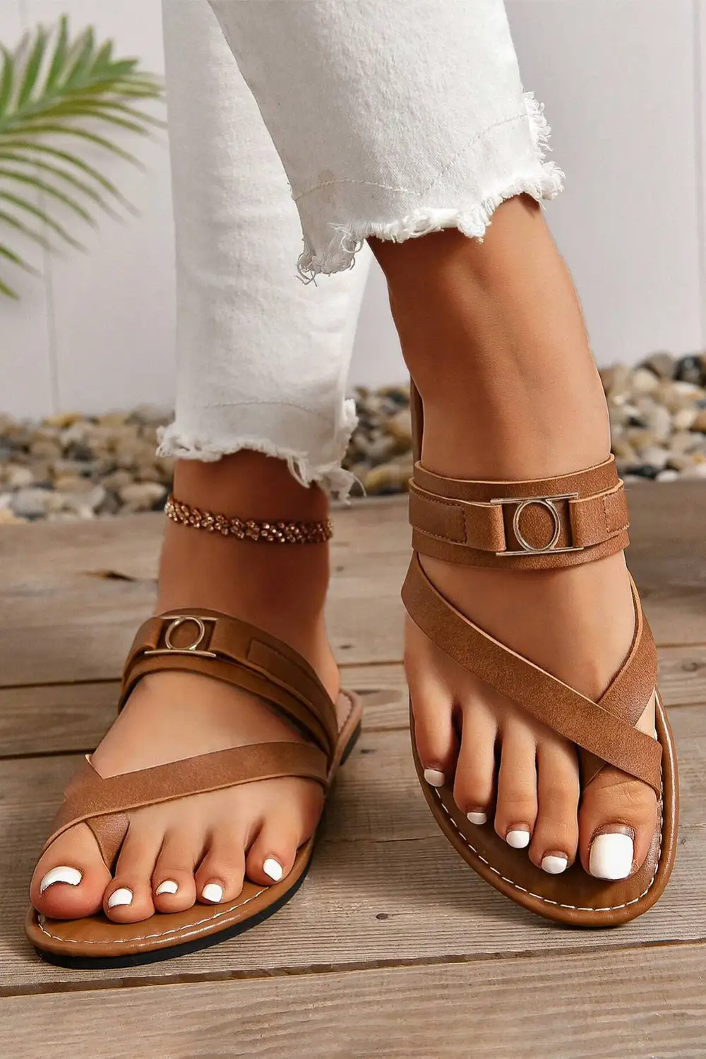 Cross toe Metal Buckle Leathered Flat Slide Slippers