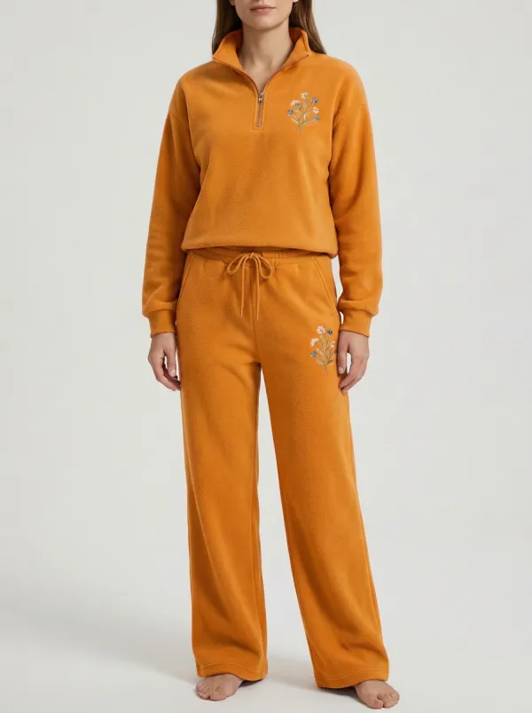 Women's Floral Embroidered Quarter-Zip Pullover And Lounge Trouser Set