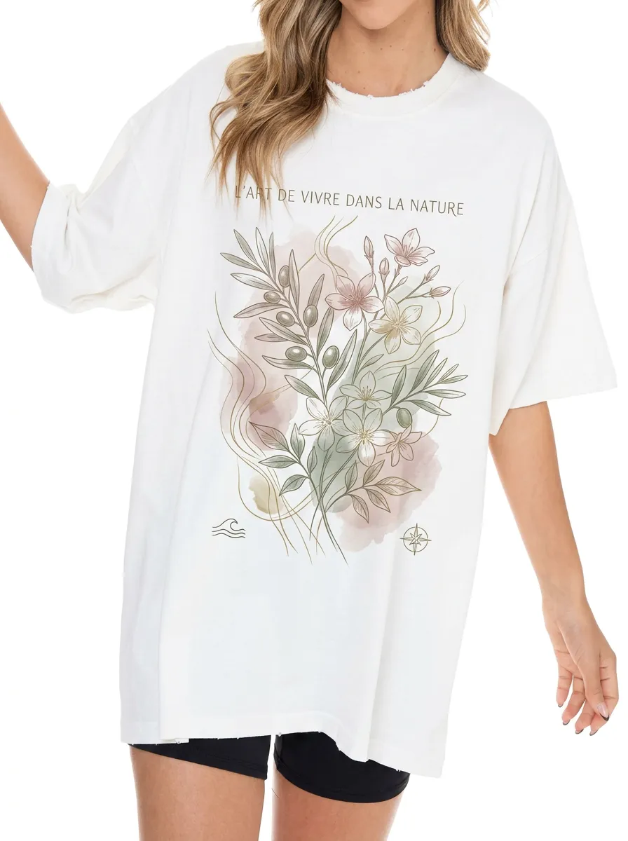 Women's Nature Lover Botanical Olive Flower Printed T-shirt