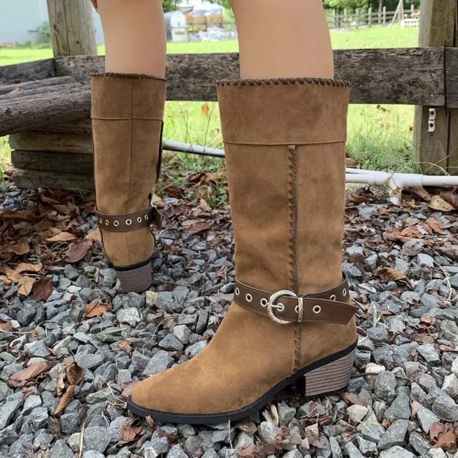 Simple Point Toe Block Heels Boots