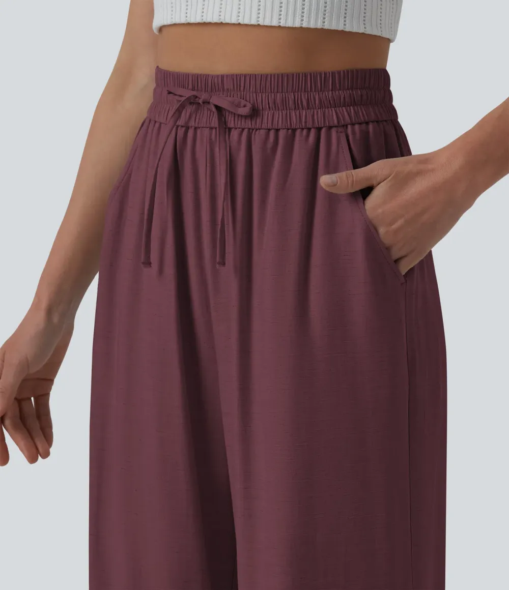 2026🔥High Waisted Drawstring Wide Leg Casual Linen-Blend Trousers with Pockets