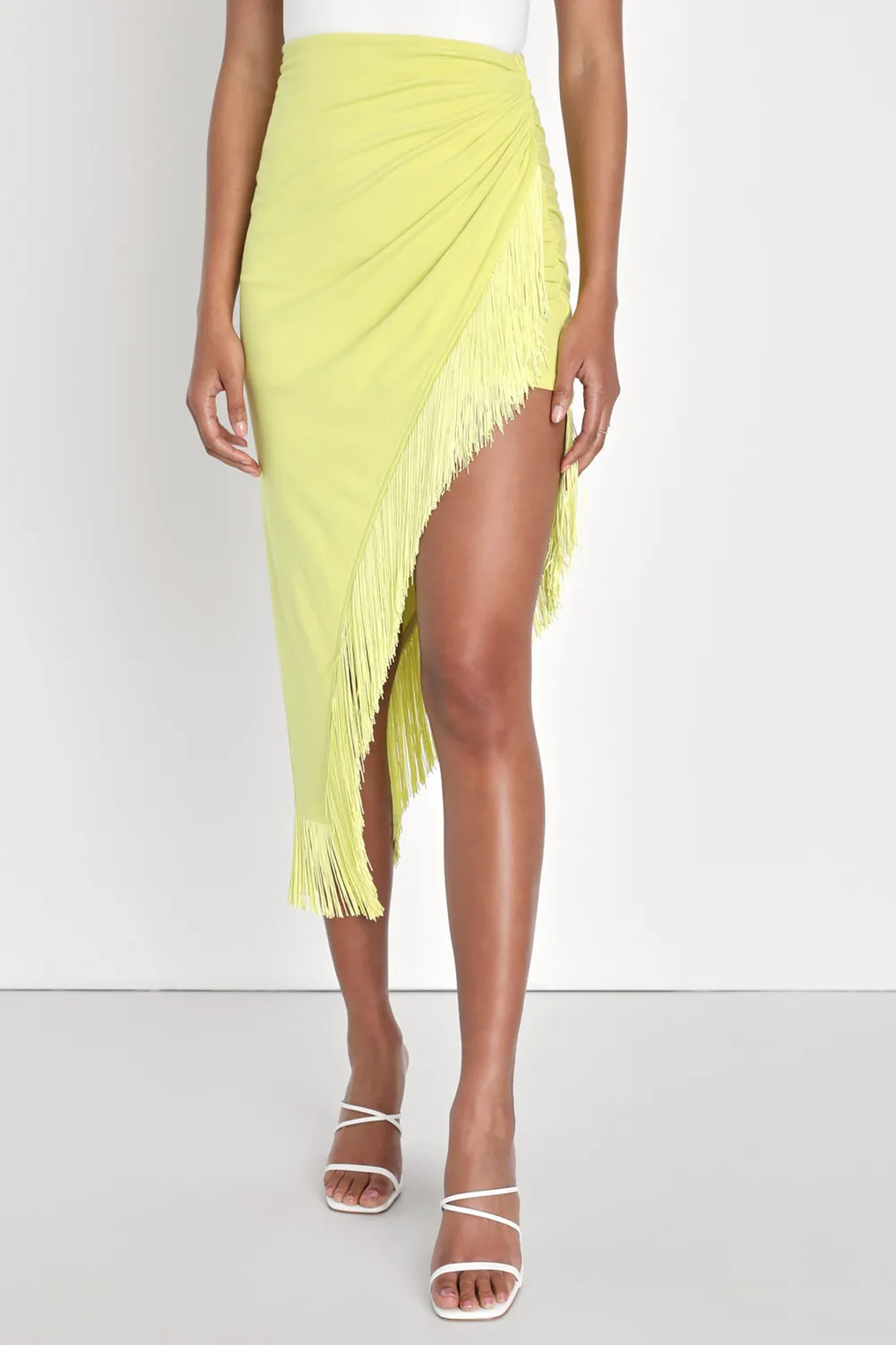 Casual Style Lime Green Ruched Fringe Midi Skirt