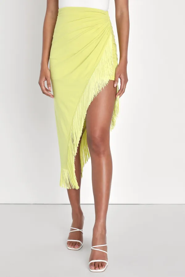 Casual Style Lime Green Ruched Fringe Midi Skirt