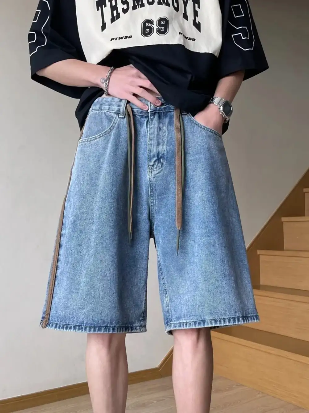 Men's Full Size Drawstring Wide Leg Denim Shorts