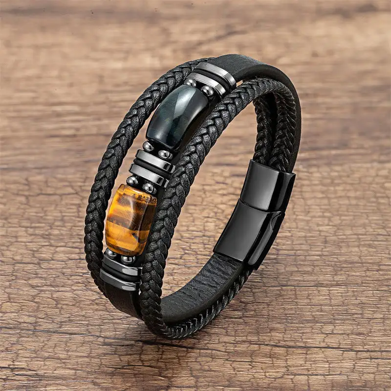 Tiger Eye Stone Willpower Multi Layer Leather Bracelet