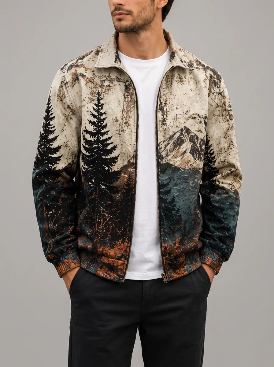 Men's Landscape Print Zip-Up Jacket with Ribbed cuffs and hem for a defined fit
