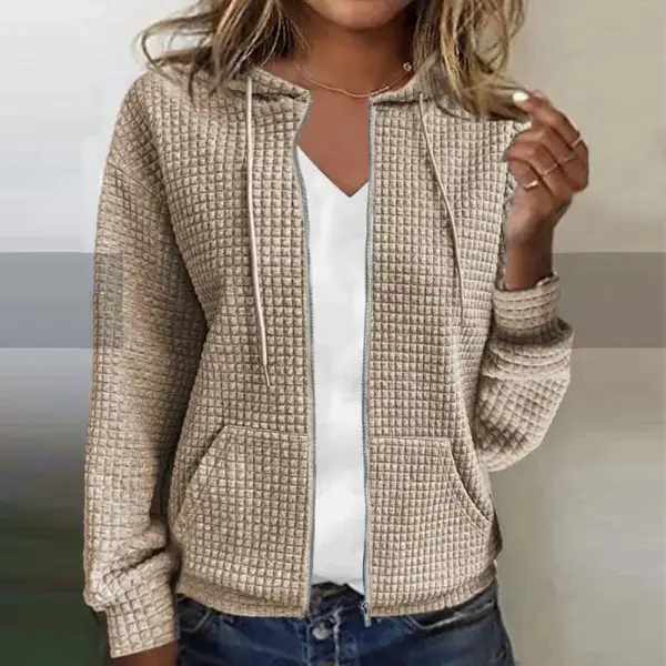  Waffle Knit Zip Up Hooded Jacket