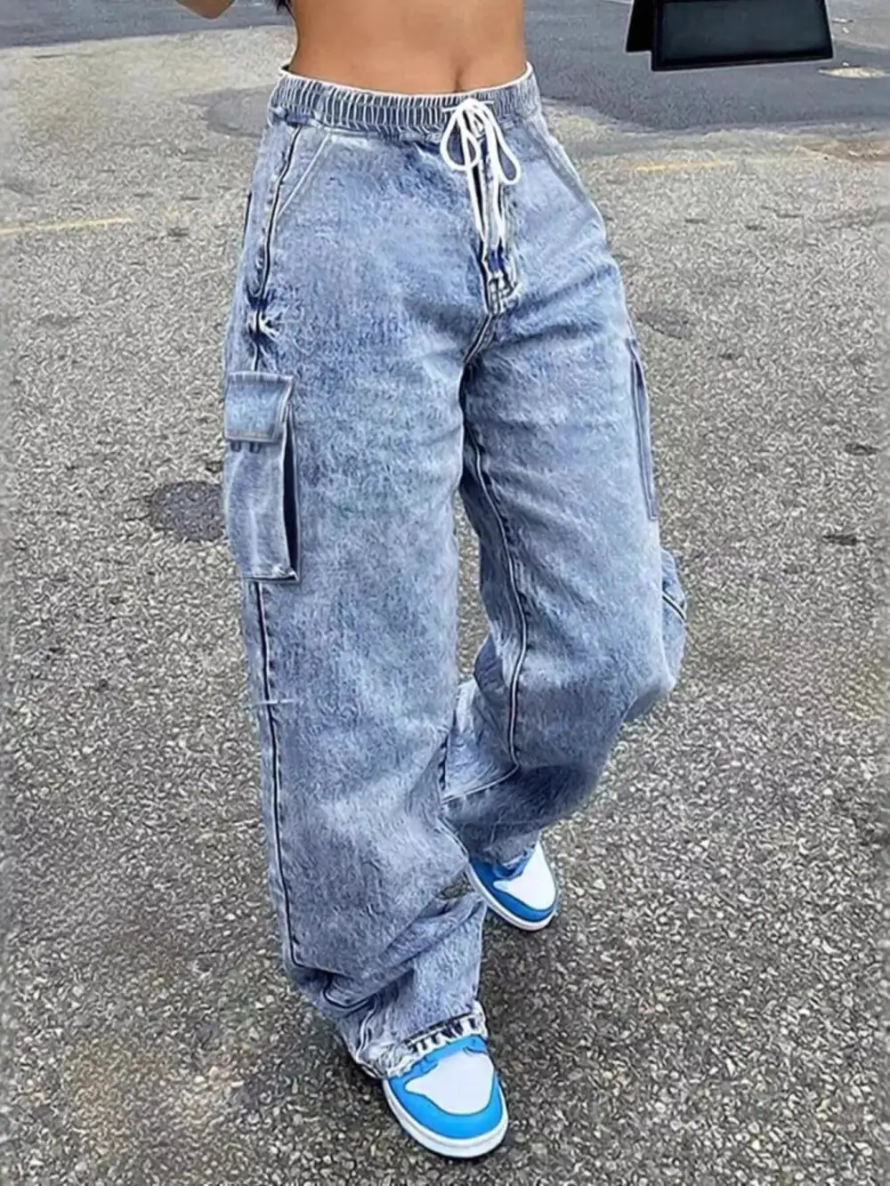 High Waist Cargo Drawstring Denim Jeans