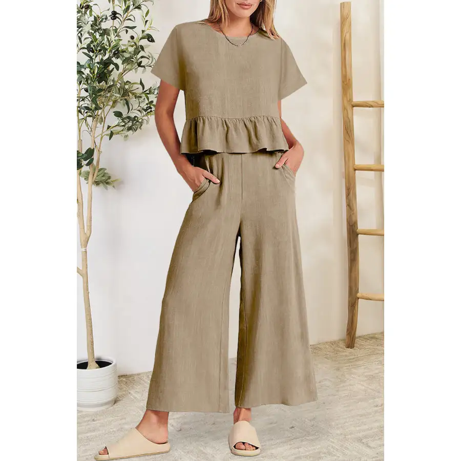 Peplum Round Neck Short Sleeve Top and Pants Set