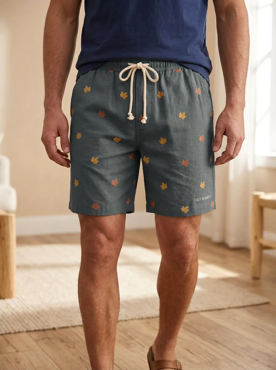 Maple Leaf Print Drawstring Autumnal Shorts