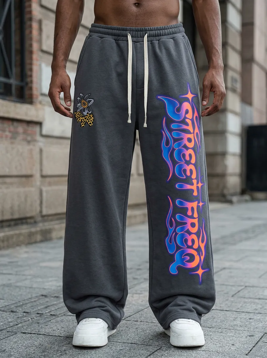 Men's Streetwear Flame Letter Flower Printed Sweatpants